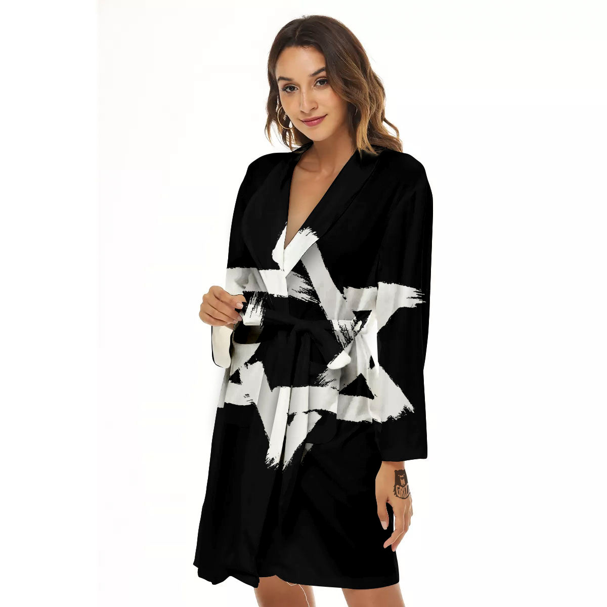 Black And White Star of David Print Women's Robe-grizzshop