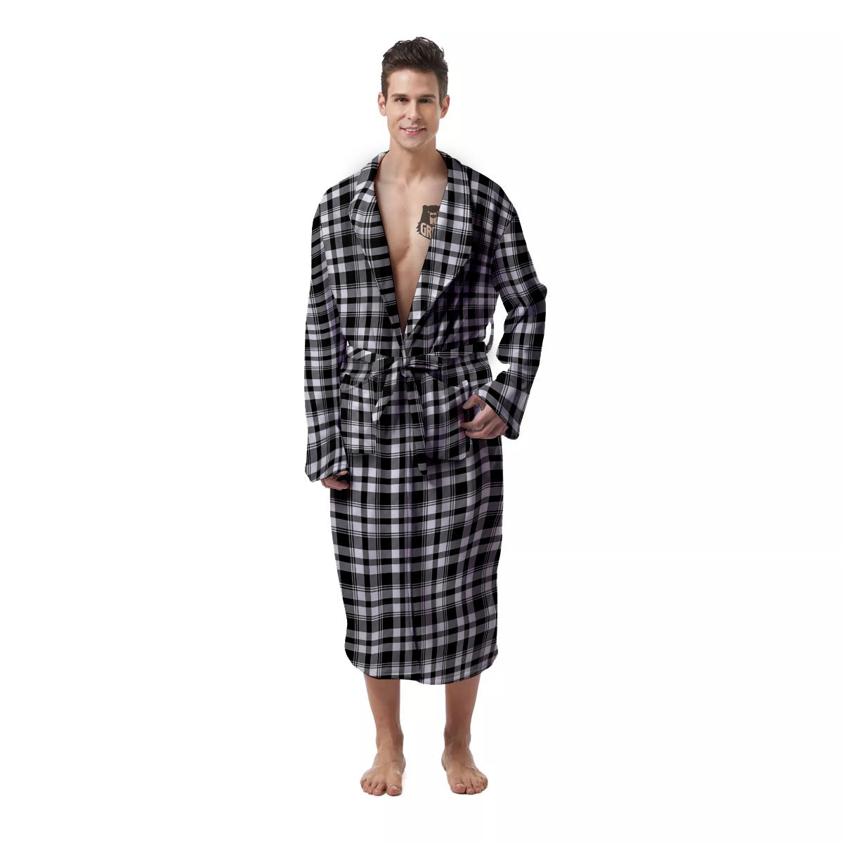 Black And White Tartan Print Pattern Men's Robe-grizzshop