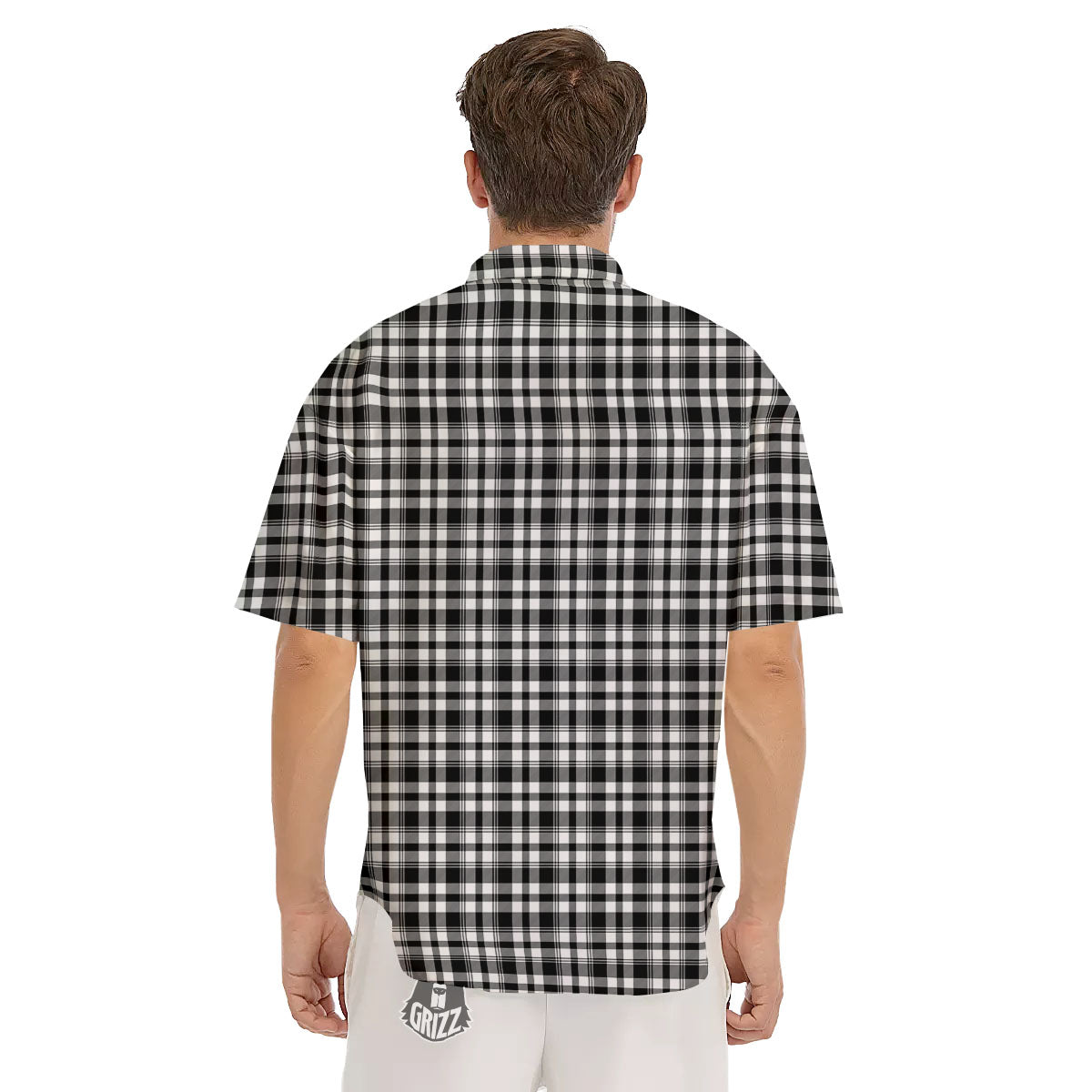 Black And White Tartan Print Pattern Men's Short Sleeve Shirts-grizzshop