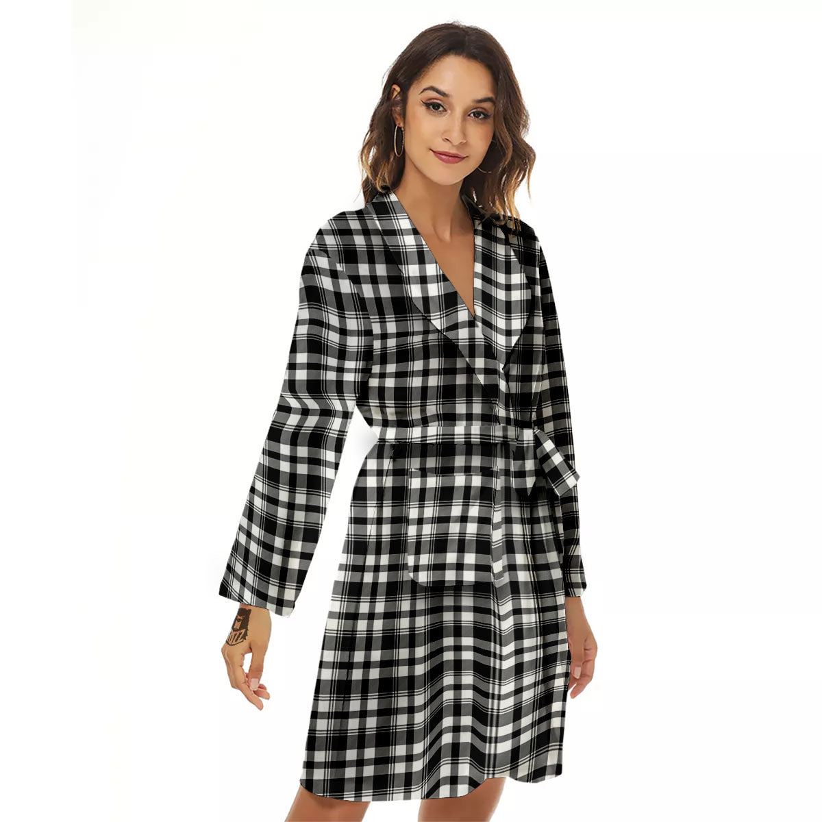 Black And White Tartan Print Pattern Women's Robe-grizzshop