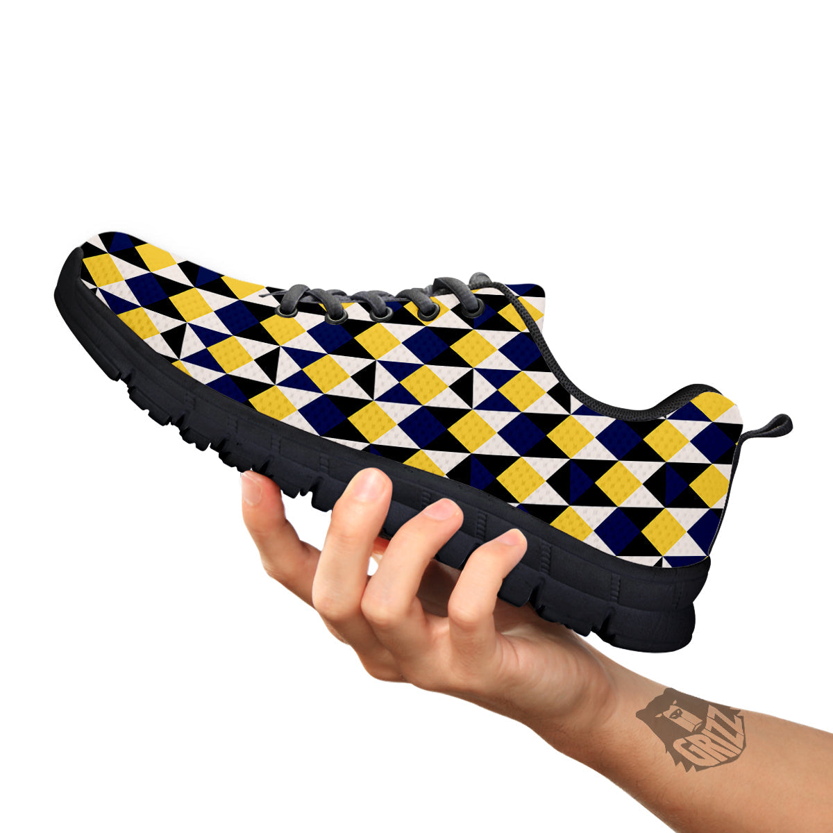 Black Argyle And Blue Yellow Print Pattern Black Sneaker-grizzshop