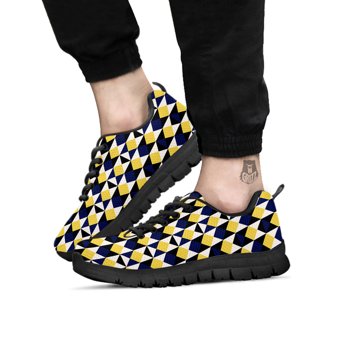 Black Argyle And Blue Yellow Print Pattern Black Sneaker-grizzshop