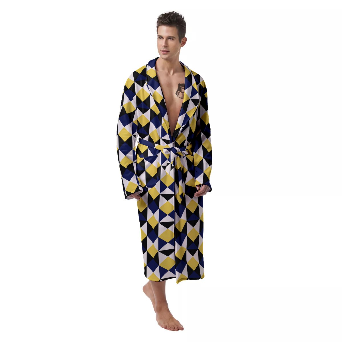 Black Argyle And Blue Yellow Print Pattern Men's Robe-grizzshop