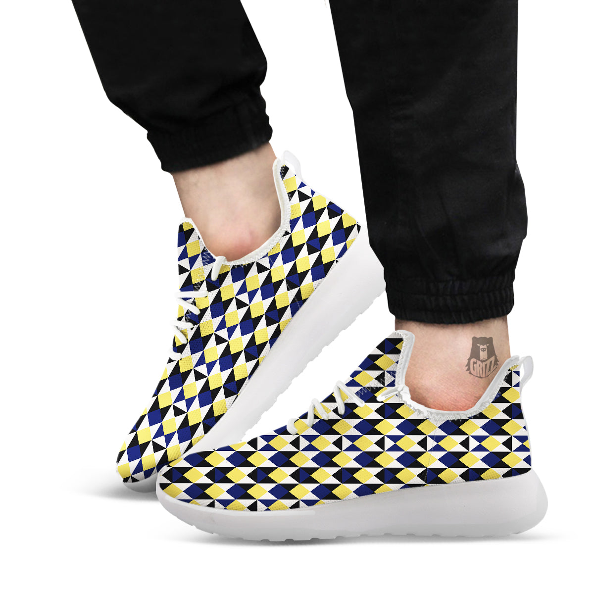 Black Argyle And Blue Yellow Print Pattern White Athletic Shoes-grizzshop