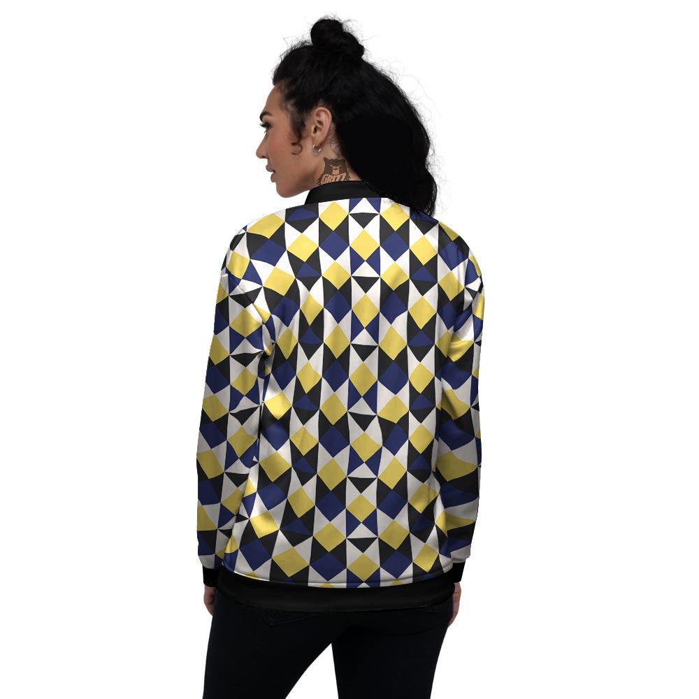 Black Argyle And Blue Yellow Print Pattern Women's Bomber Jacket-grizzshop