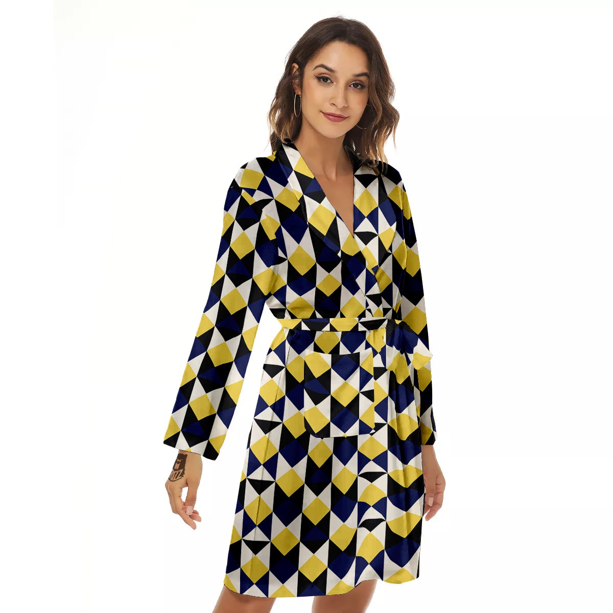 Black Argyle And Blue Yellow Print Pattern Women's Robe-grizzshop