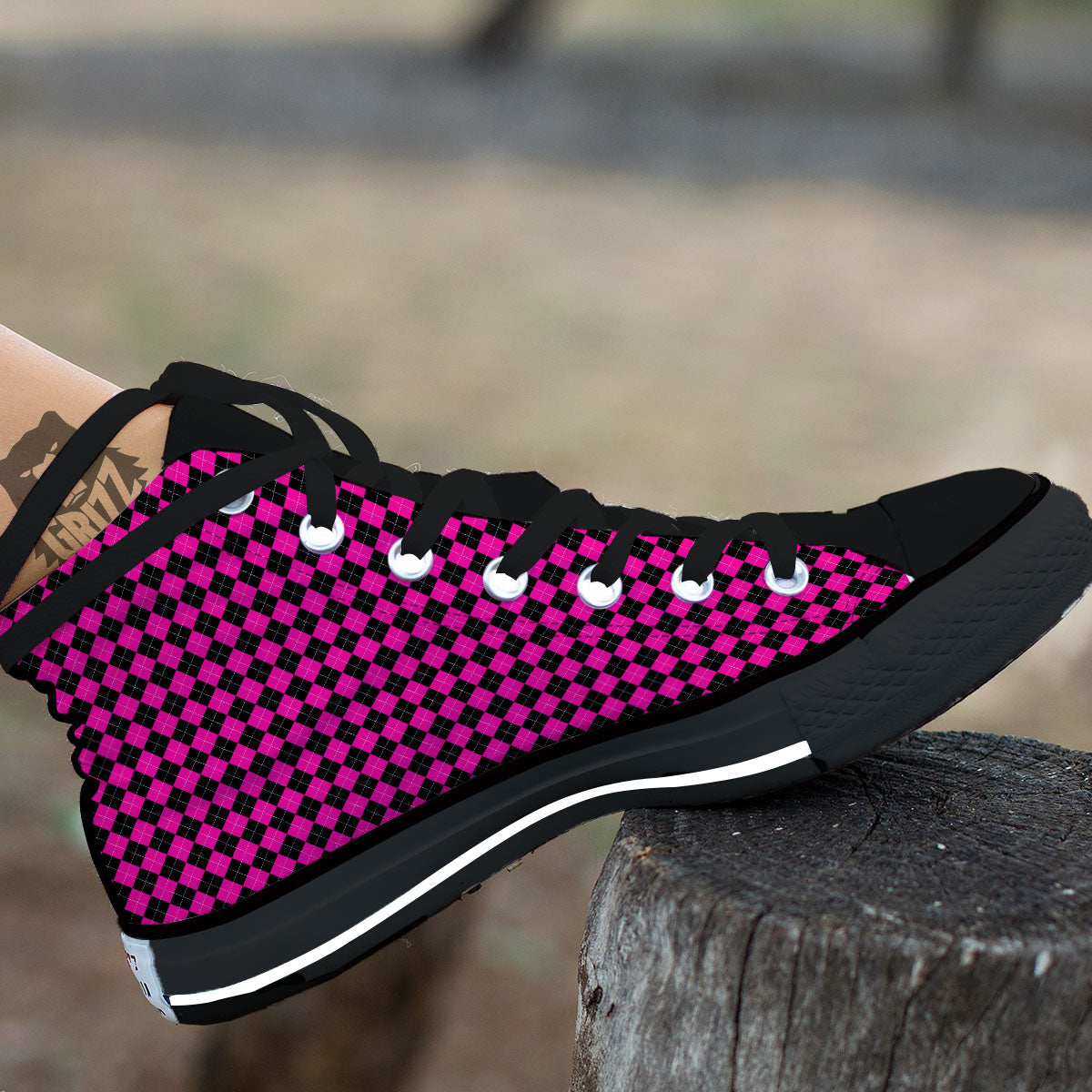 Black Argyle And Deep Pink Print Pattern Black High Top Shoes-grizzshop