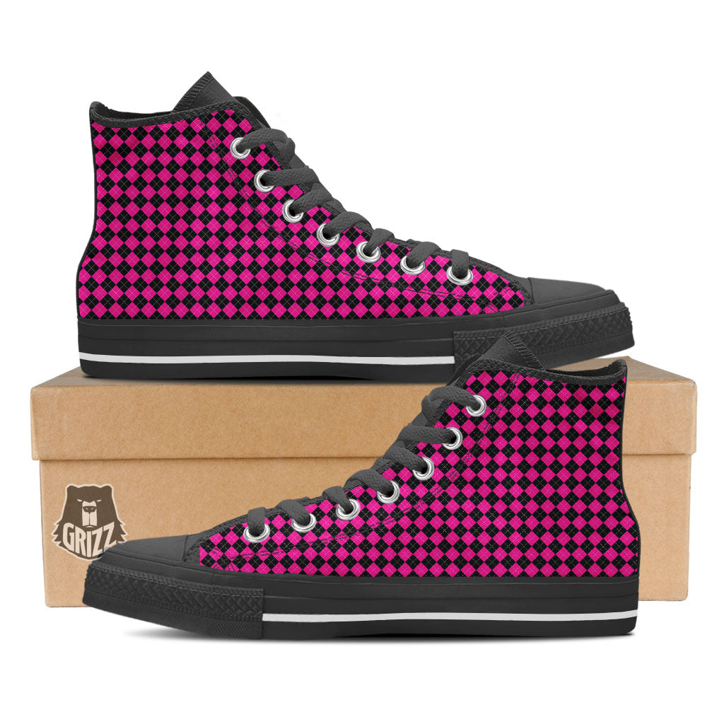 Black Argyle And Deep Pink Print Pattern Black High Top Shoes-grizzshop