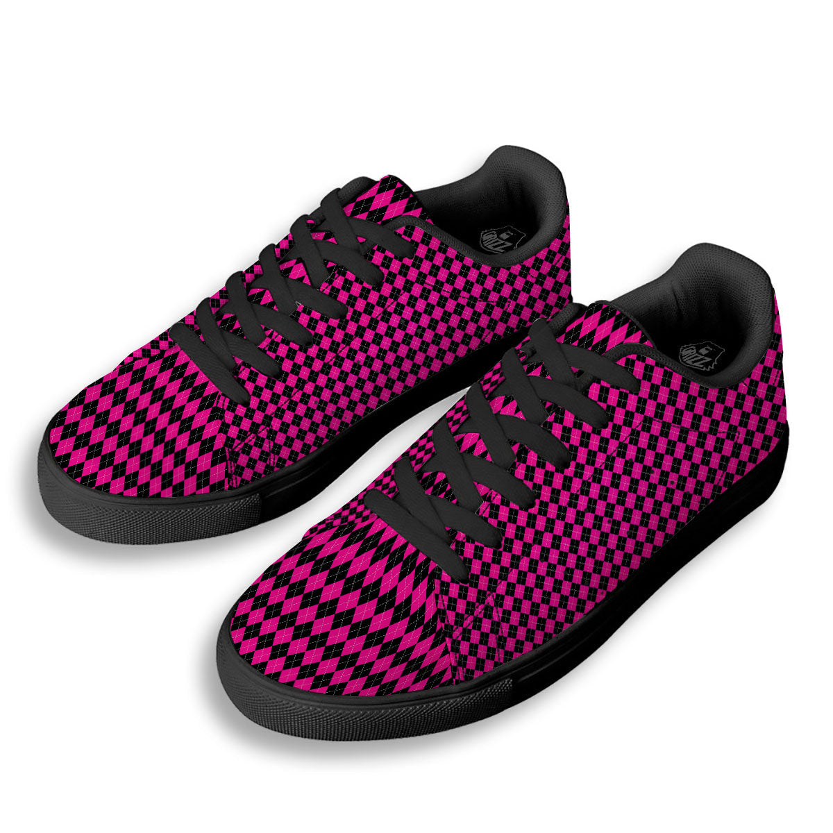 Black Argyle And Deep Pink Print Pattern Black Low Top Sneakers-grizzshop