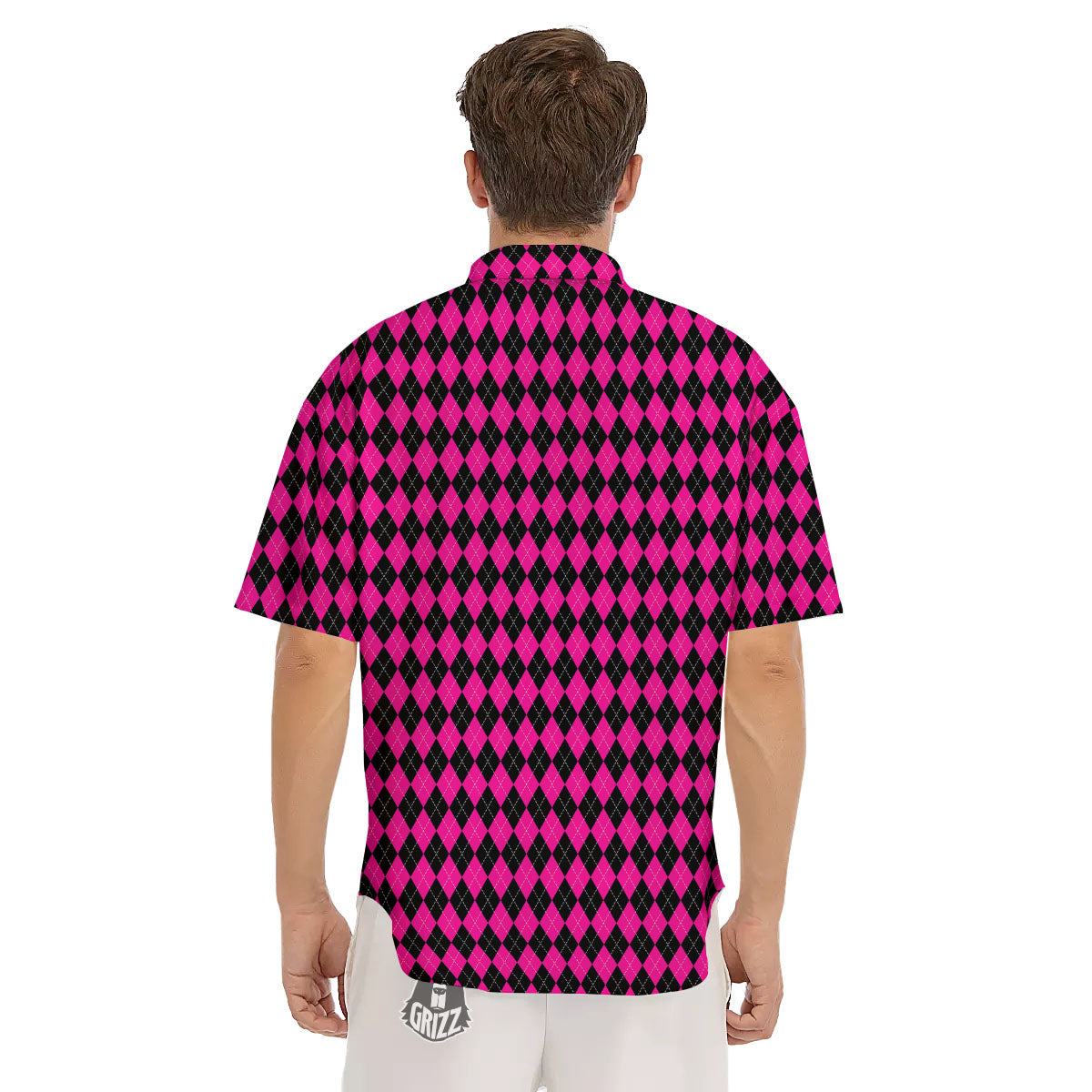 Black Argyle And Deep Pink Print Pattern Men's Short Sleeve Shirts-grizzshop