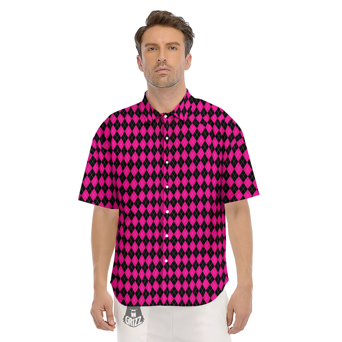 Black Argyle And Deep Pink Print Pattern Men's Short Sleeve Shirts-grizzshop