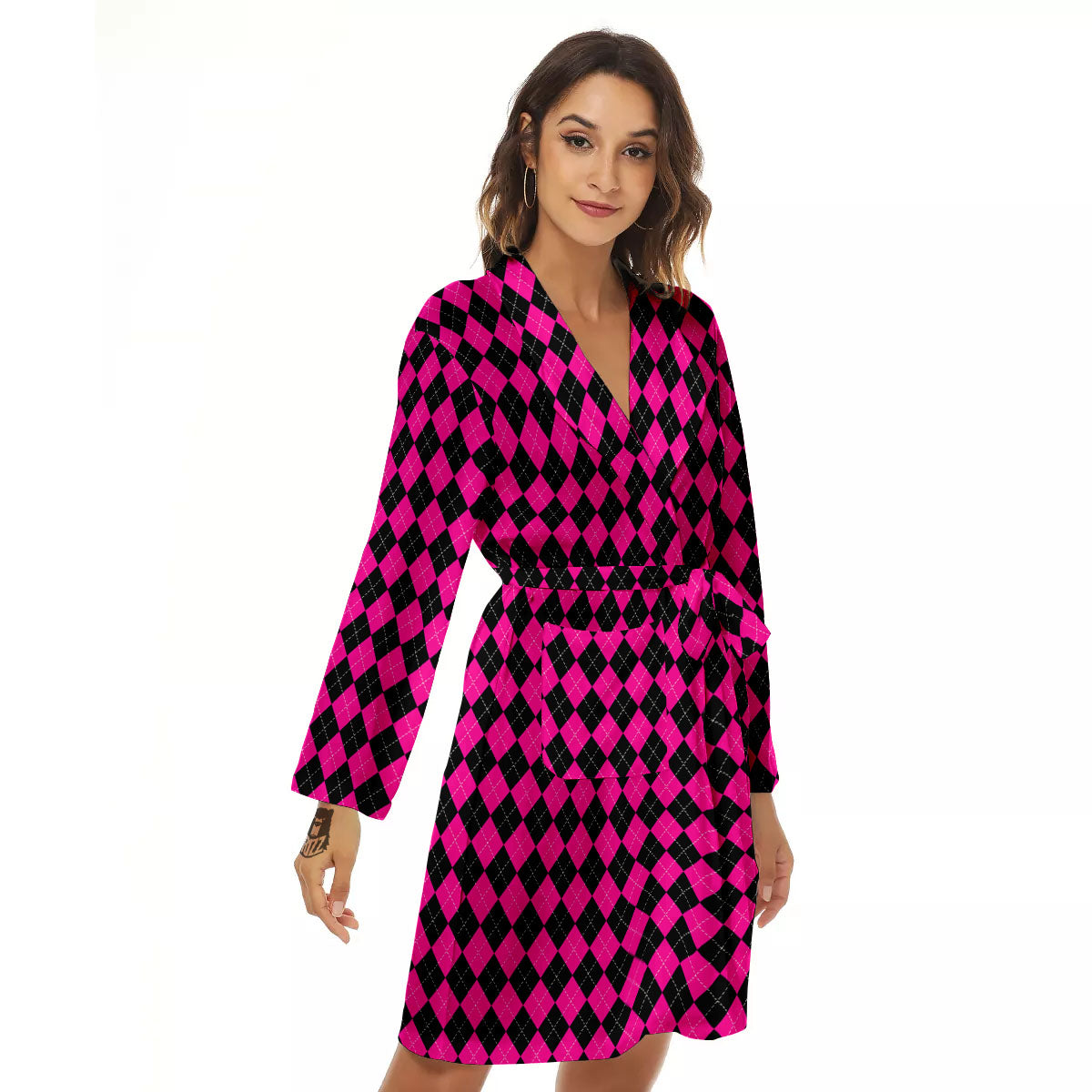 Black Argyle And Deep Pink Print Pattern Women's Robe-grizzshop