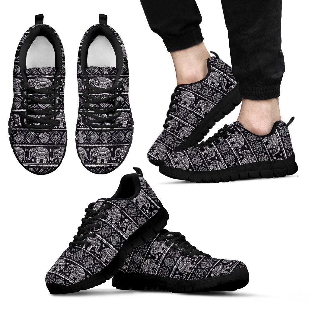 Black Aztec Elephant Pattern Print Black Sneaker Shoes For Men Women-grizzshop