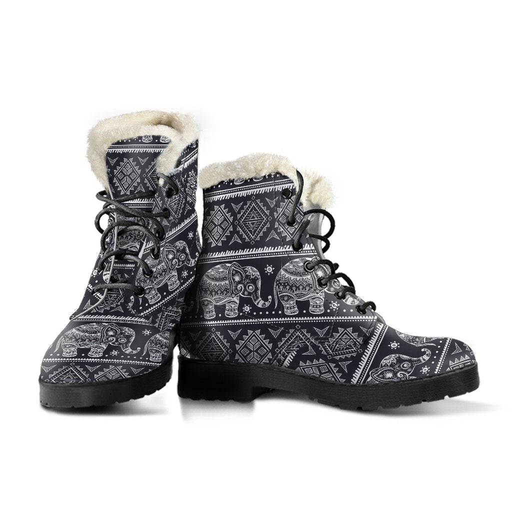 Black Aztec Elephant Pattern Print Comfy Winter Boots-grizzshop