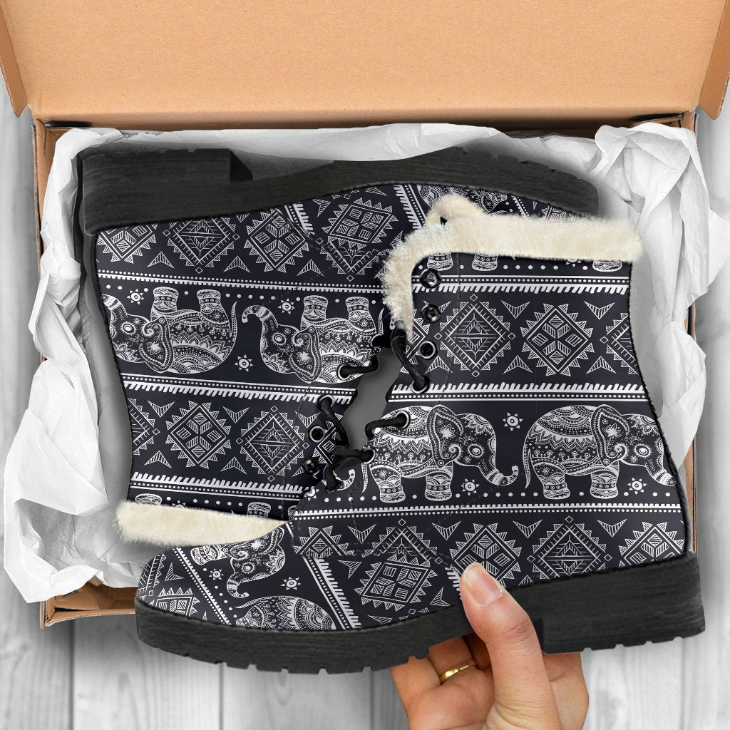 Black Aztec Elephant Pattern Print Comfy Winter Boots-grizzshop