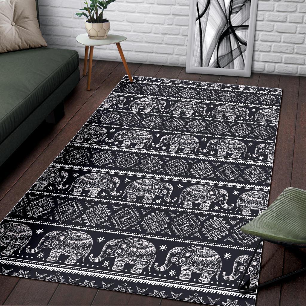 Black Aztec Elephant Pattern Print Floor Mat-grizzshop