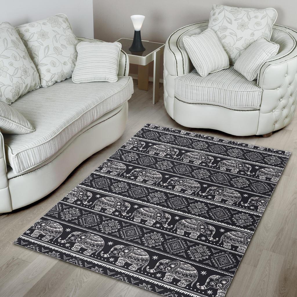 Black Aztec Elephant Pattern Print Floor Mat-grizzshop