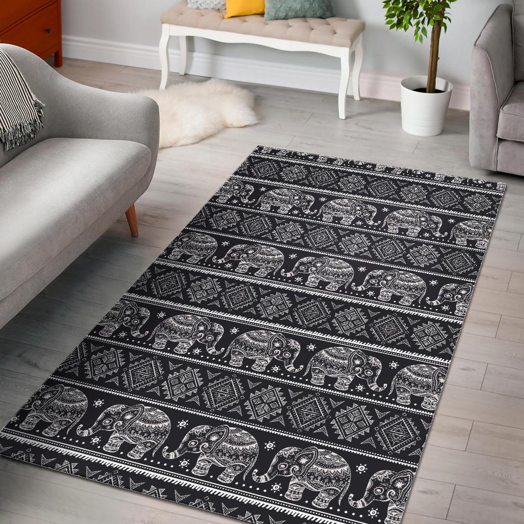 Black Aztec Elephant Pattern Print Floor Mat-grizzshop