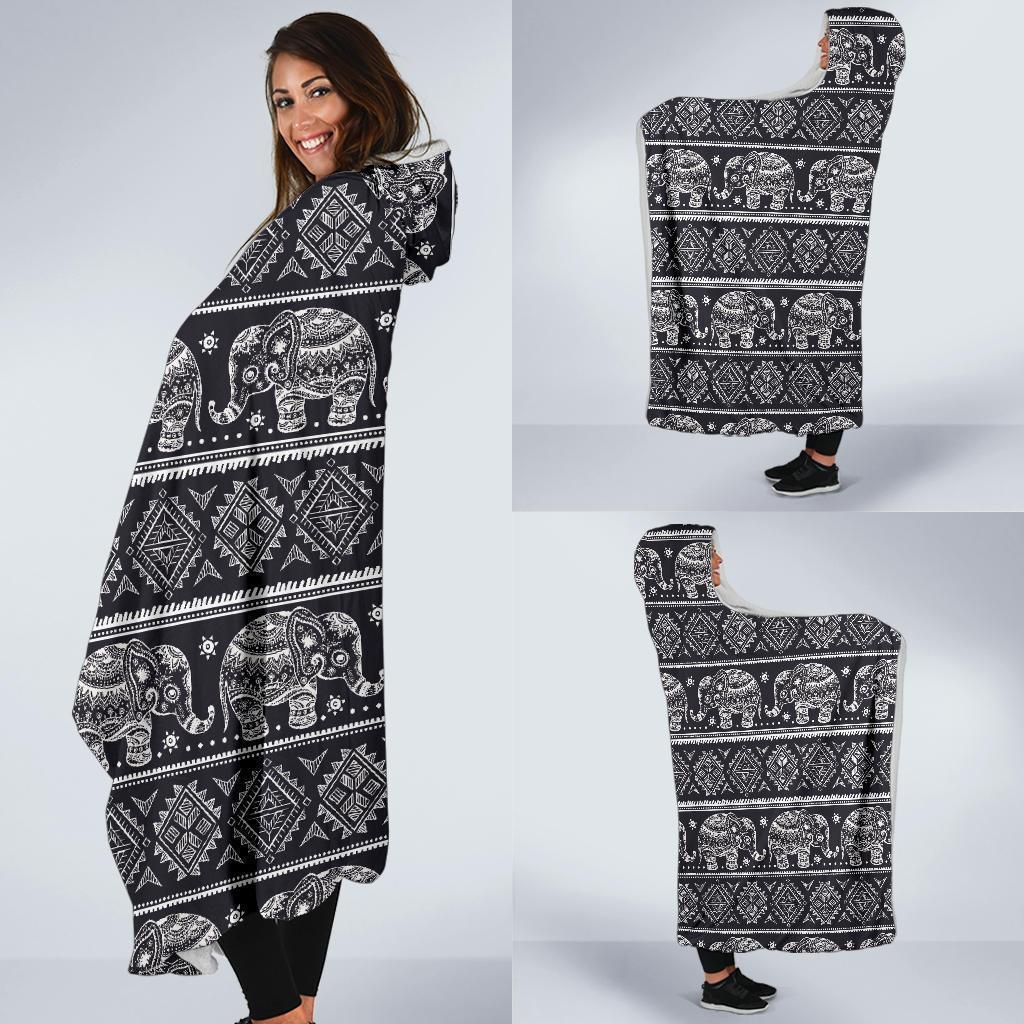 Black Aztec Elephant Pattern Print Hooded Blanket-grizzshop