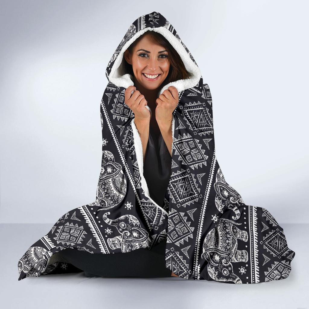 Black Aztec Elephant Pattern Print Hooded Blanket-grizzshop