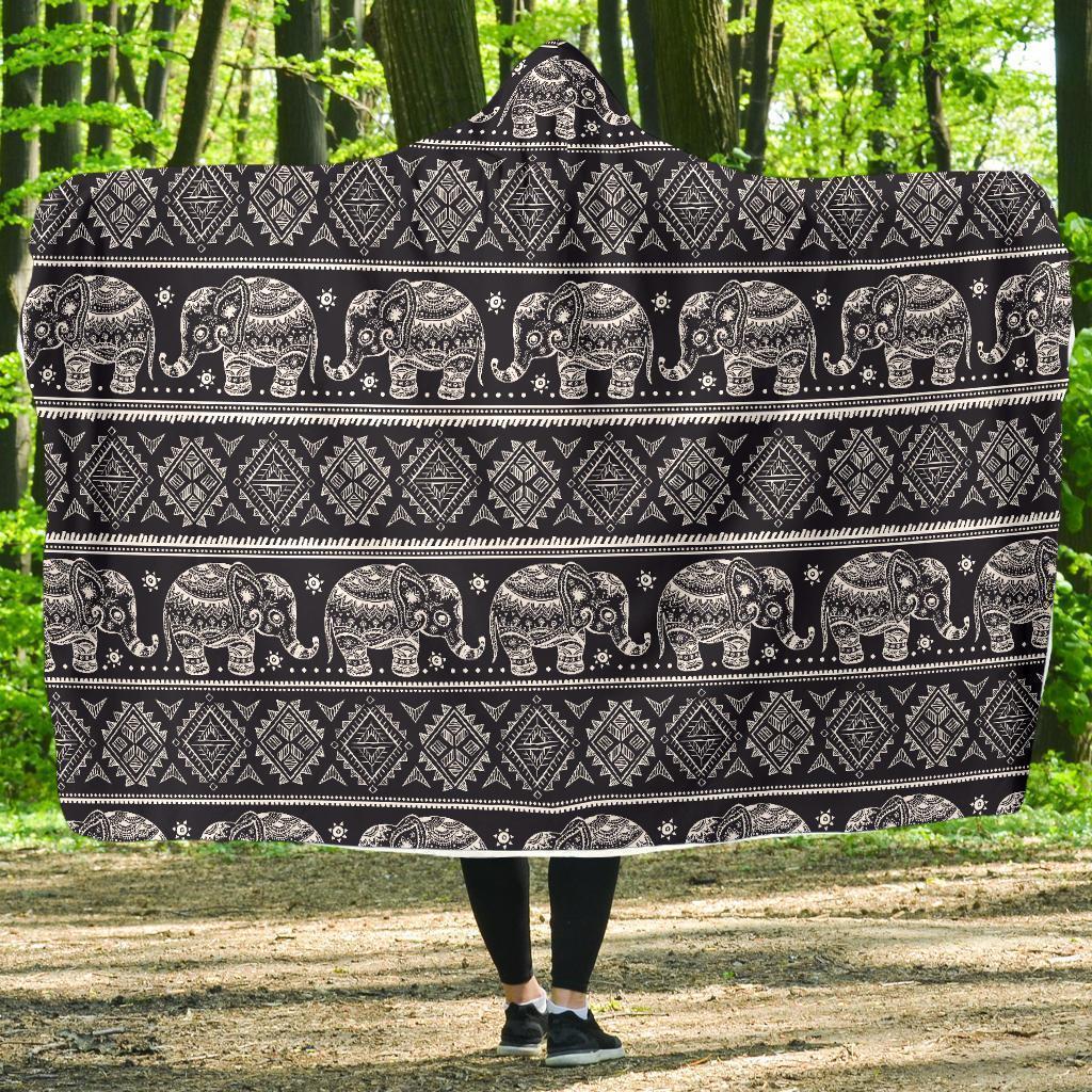Black Aztec Elephant Pattern Print Hooded Blanket-grizzshop
