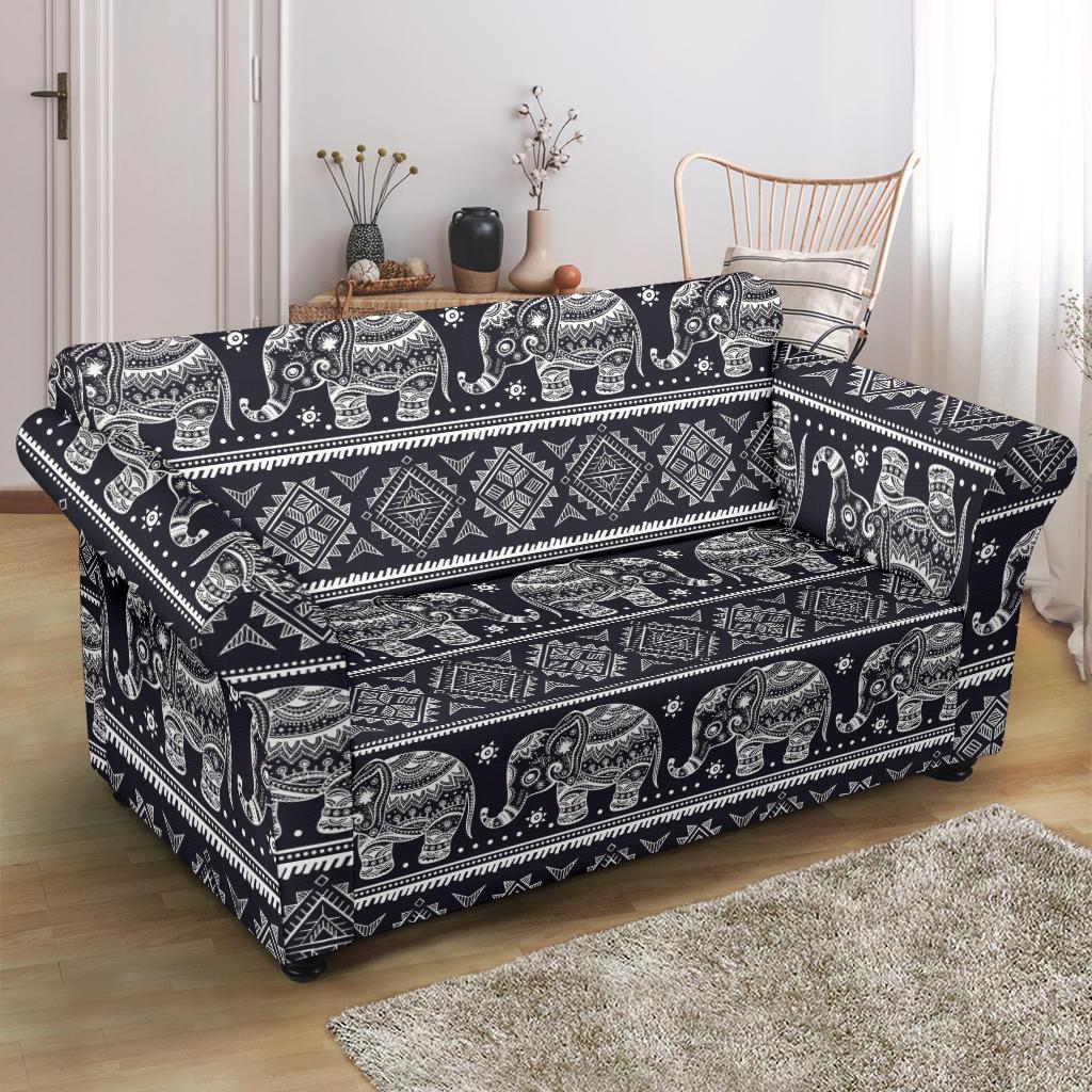 Black Aztec Elephant Pattern Print Loveseat Cover-grizzshop