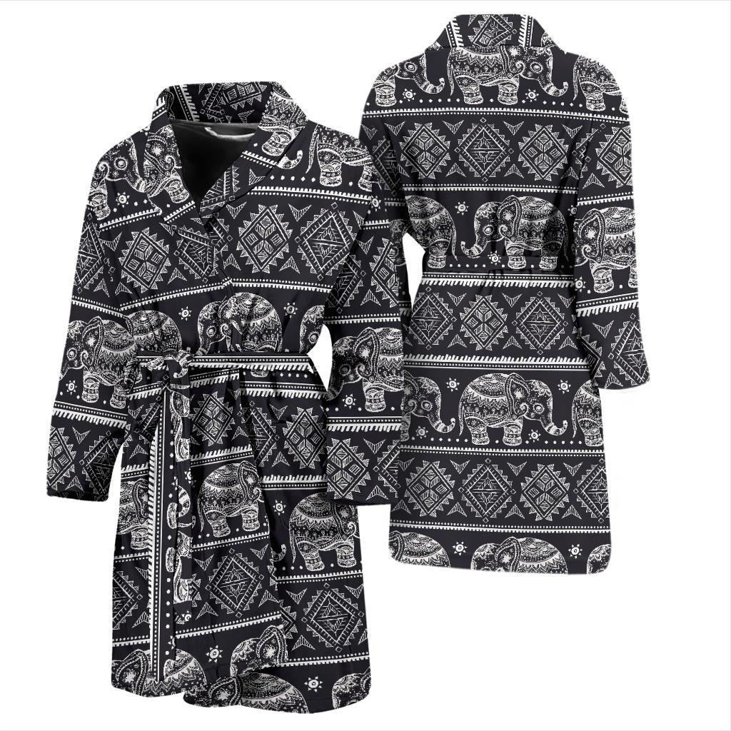 Black Aztec Elephant Pattern Print Men Long Robe-grizzshop