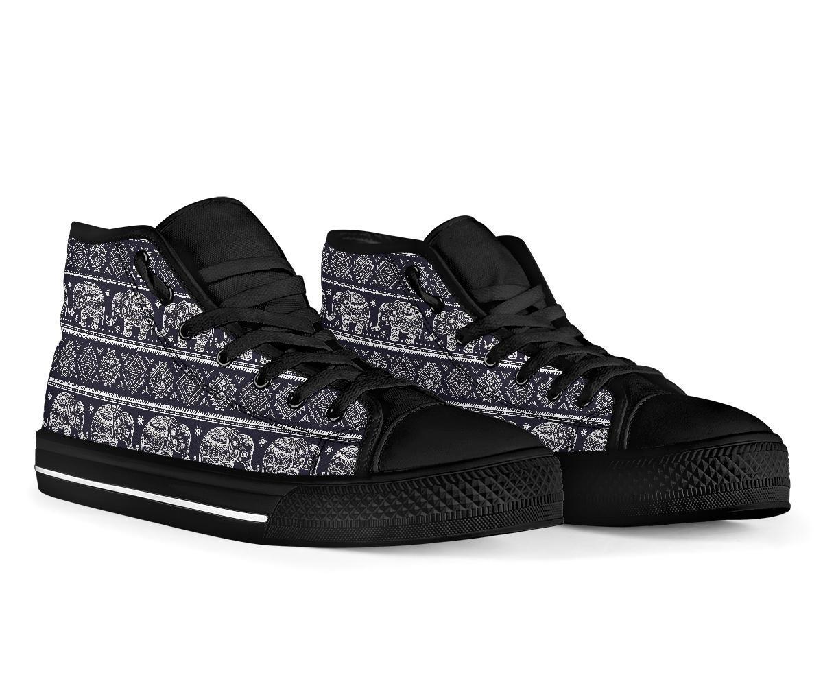 Black Aztec Elephant Pattern Print Men Women's High Top Shoes-grizzshop