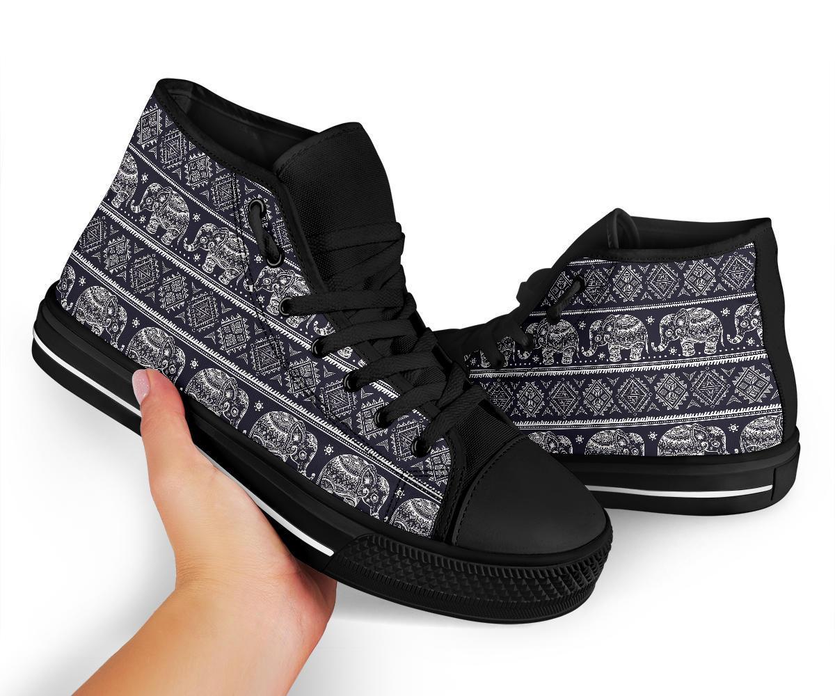 Black Aztec Elephant Pattern Print Men Women's High Top Shoes-grizzshop