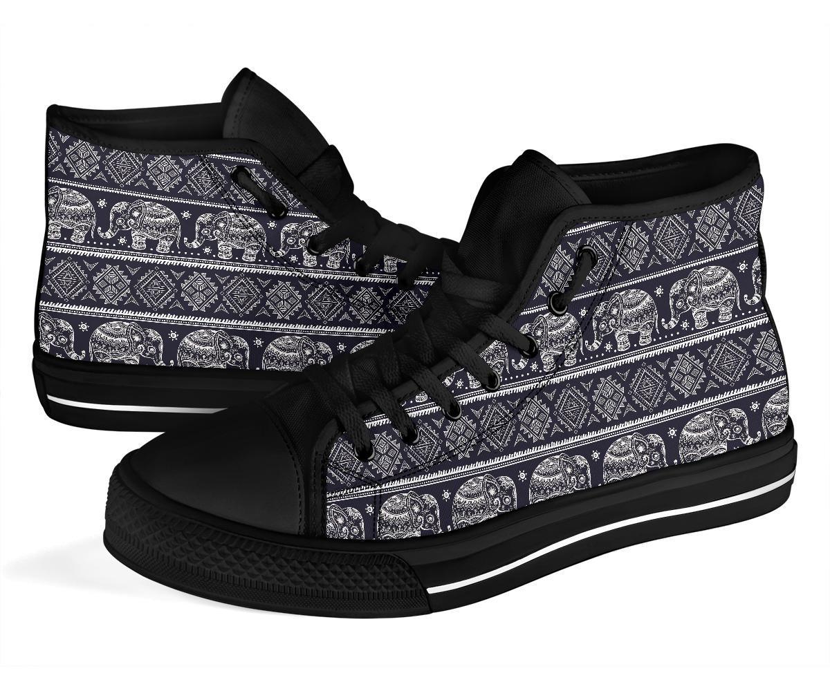 Black Aztec Elephant Pattern Print Men Women's High Top Shoes-grizzshop