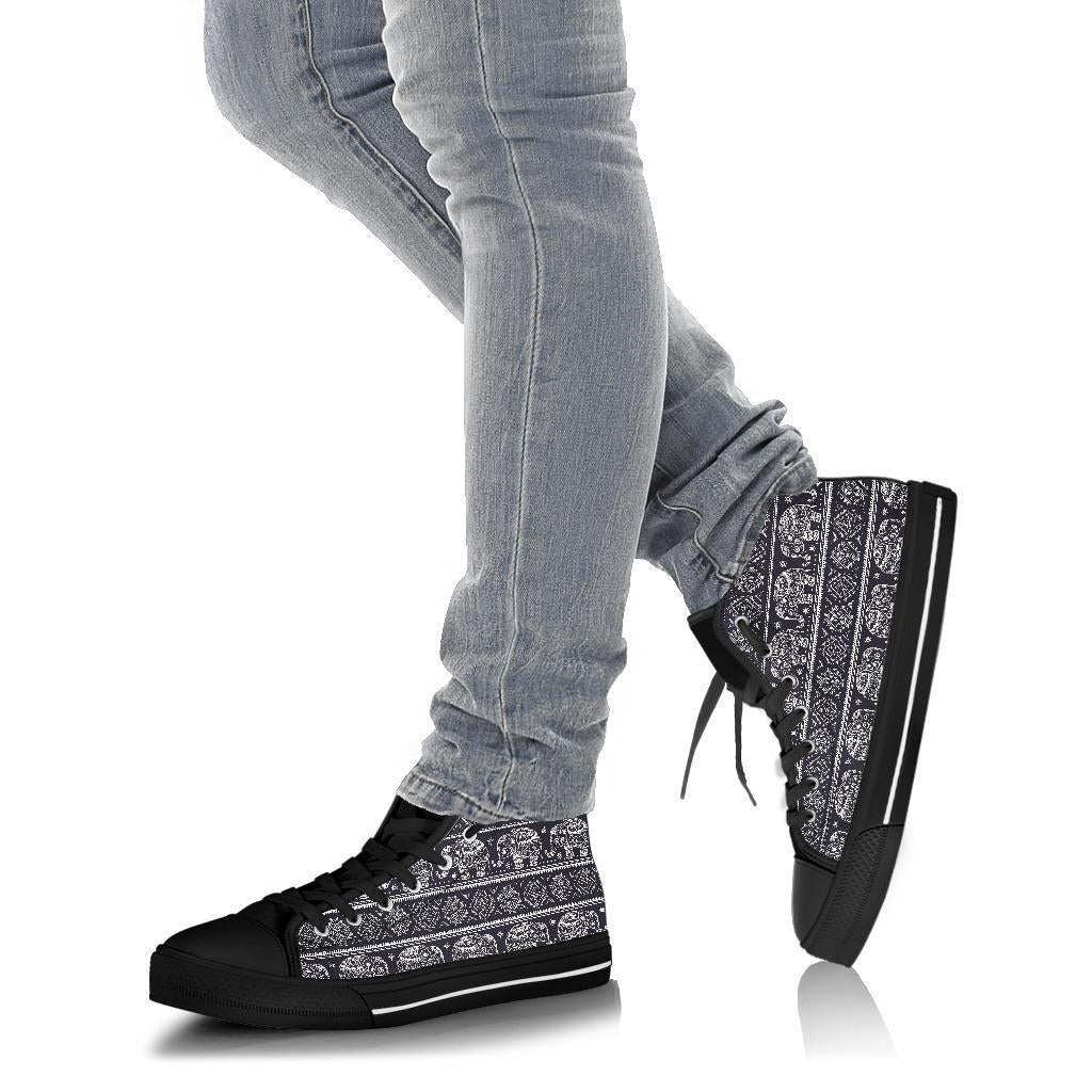 Black Aztec Elephant Pattern Print Men Women's High Top Shoes-grizzshop