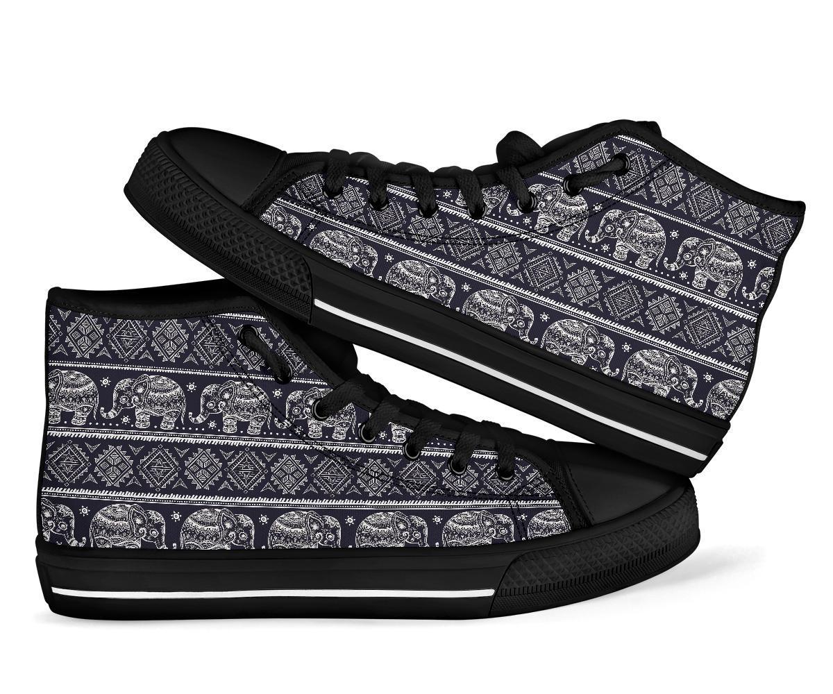 Black Aztec Elephant Pattern Print Men Women's High Top Shoes-grizzshop