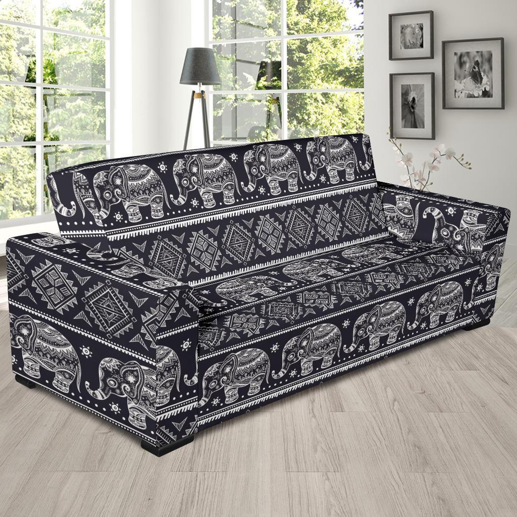 Black Aztec Elephant Pattern Print Sofa Covers-grizzshop