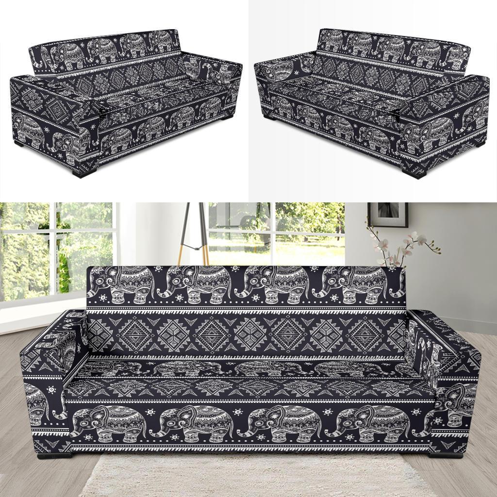 Black Aztec Elephant Pattern Print Sofa Covers-grizzshop