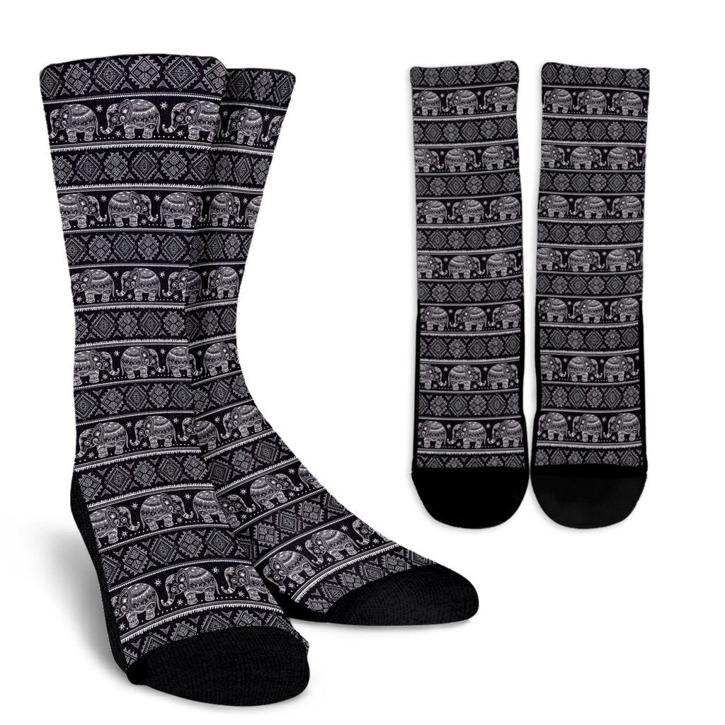 Black Aztec Elephant Pattern Print Unisex Crew Socks-grizzshop