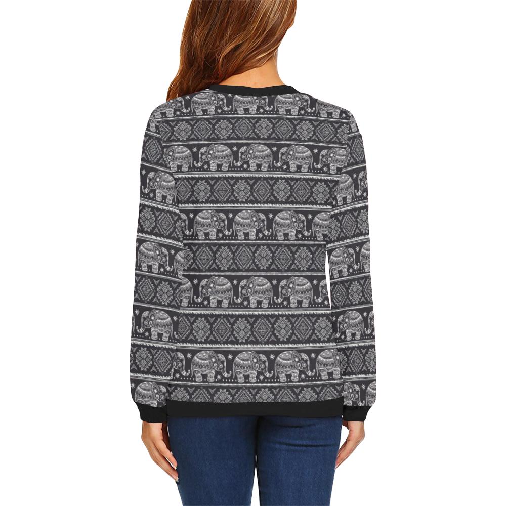 Black Aztec Elephant Pattern Print Women Crewneck Sweatshirt-grizzshop