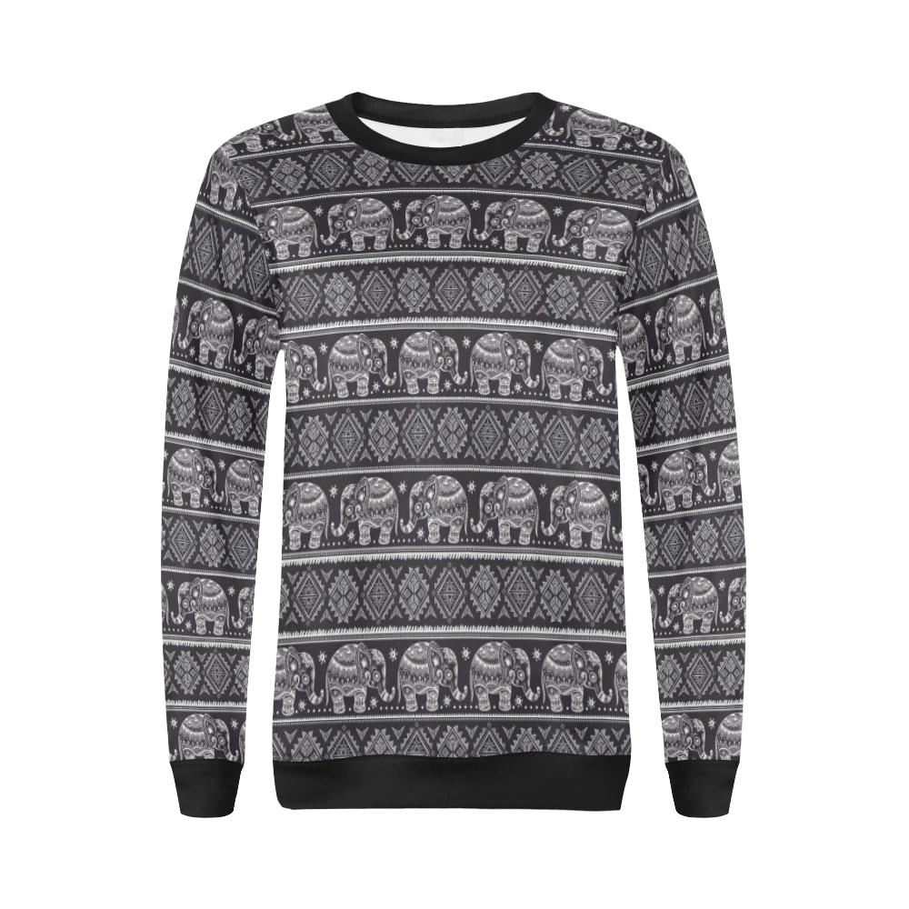 Black Aztec Elephant Pattern Print Women Crewneck Sweatshirt-grizzshop