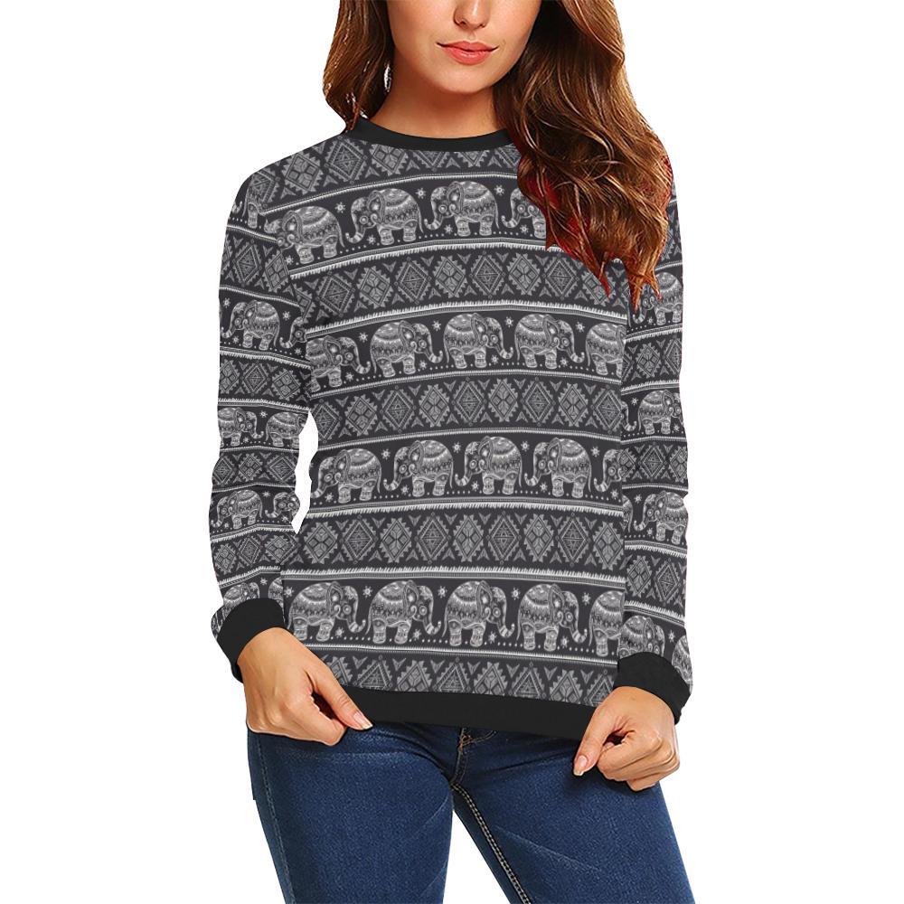 Black Aztec Elephant Pattern Print Women Crewneck Sweatshirt-grizzshop