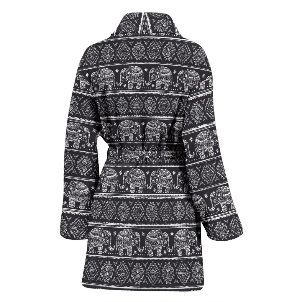 Black Aztec Elephant Pattern Print Women Long Robe-grizzshop