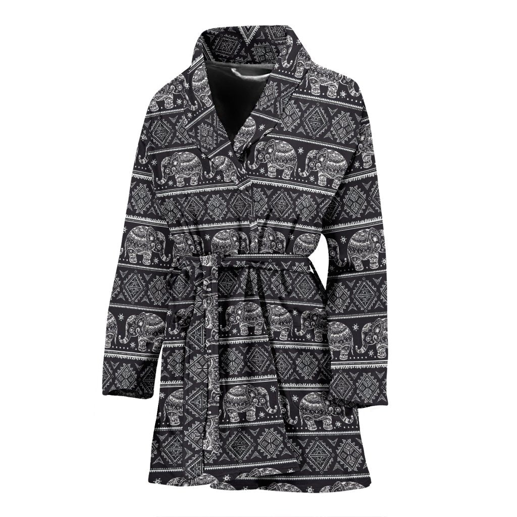 Black Aztec Elephant Pattern Print Women Long Robe-grizzshop