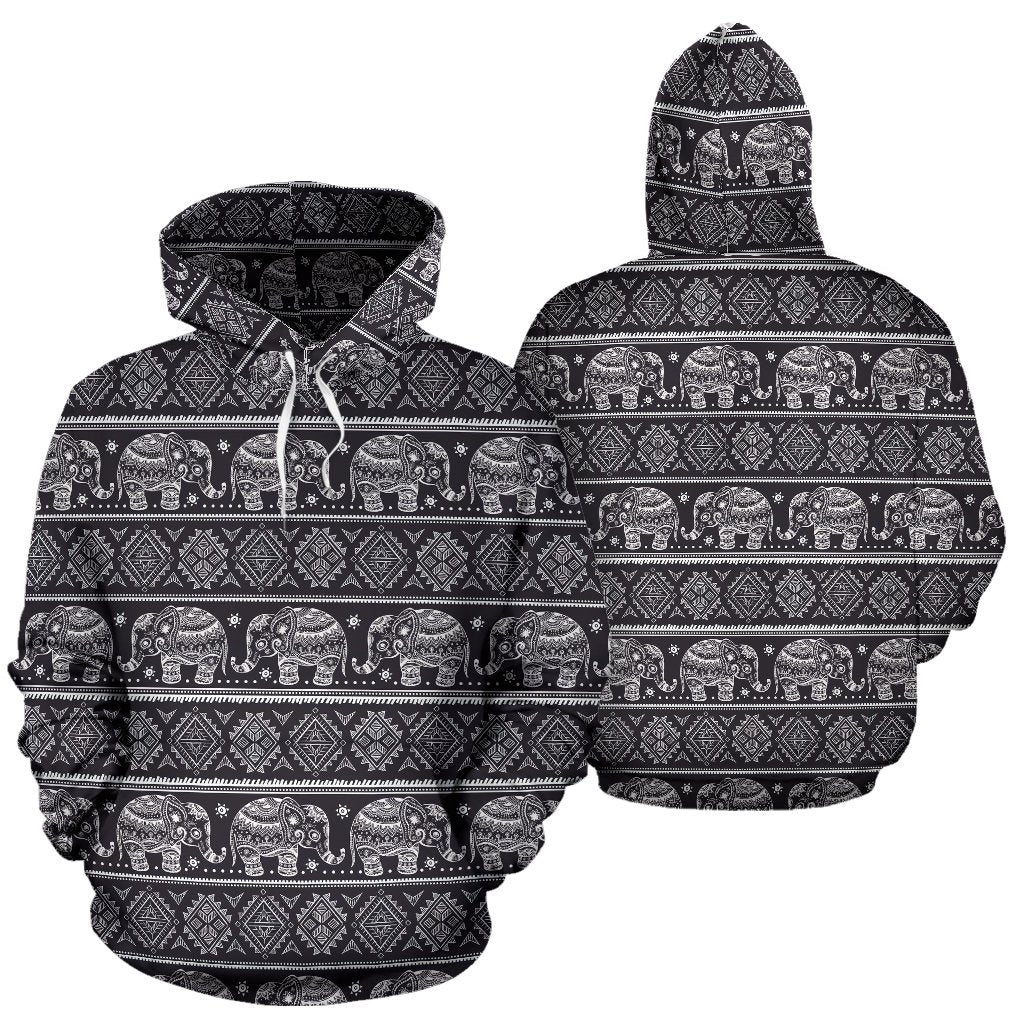 Black Aztec Elephant Pattern Print Women Men Pullover Hoodie-grizzshop