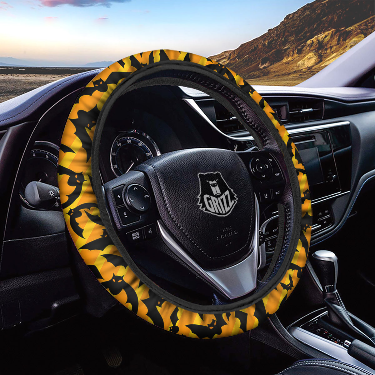 Black Bat And Orange Striped Print Pattern Car Steering Wheel Cover-grizzshop