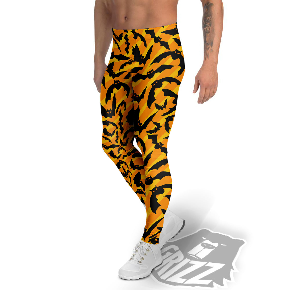 Black Bat And Orange Striped Print Pattern Men's Leggings-grizzshop