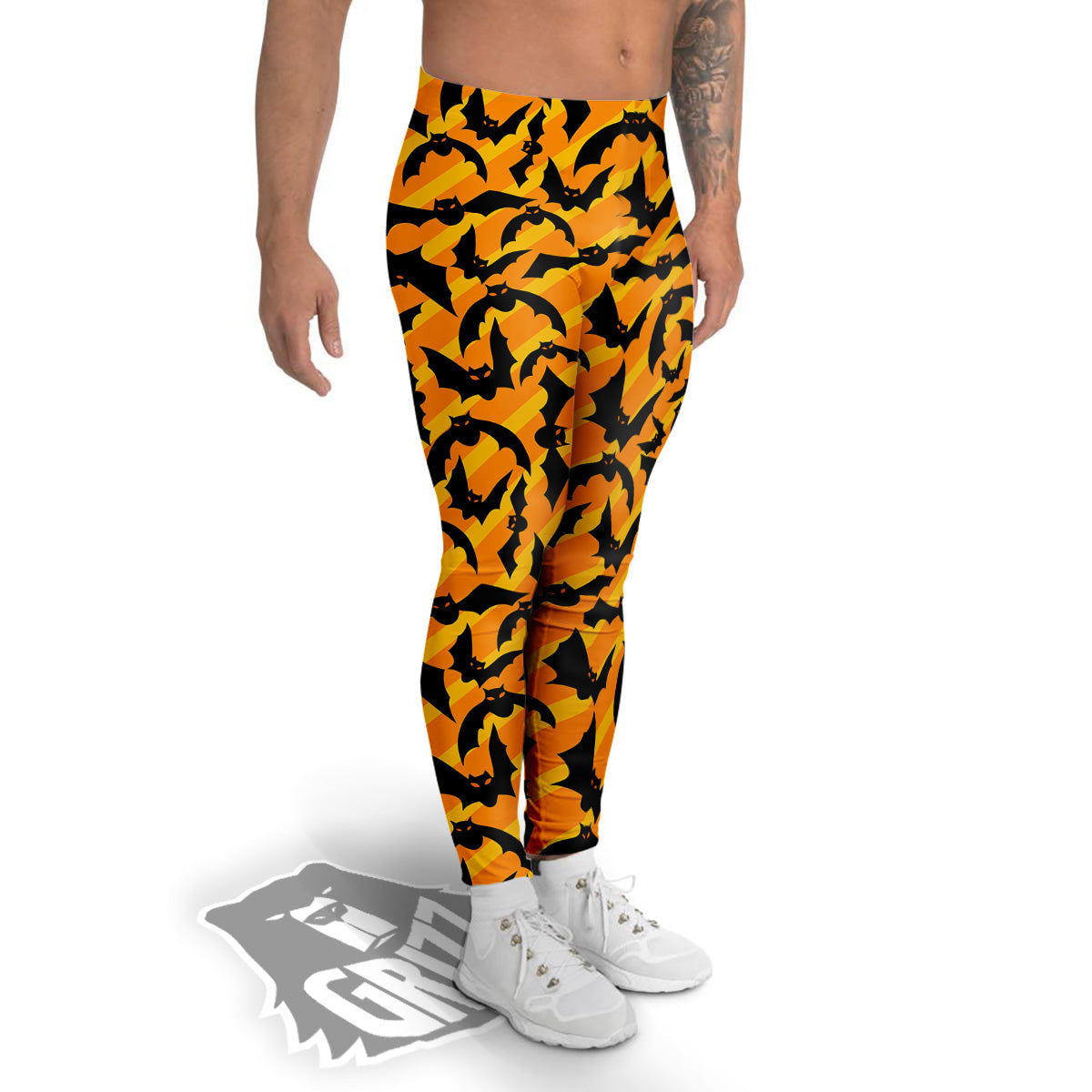 Black Bat And Orange Striped Print Pattern Men's Leggings-grizzshop