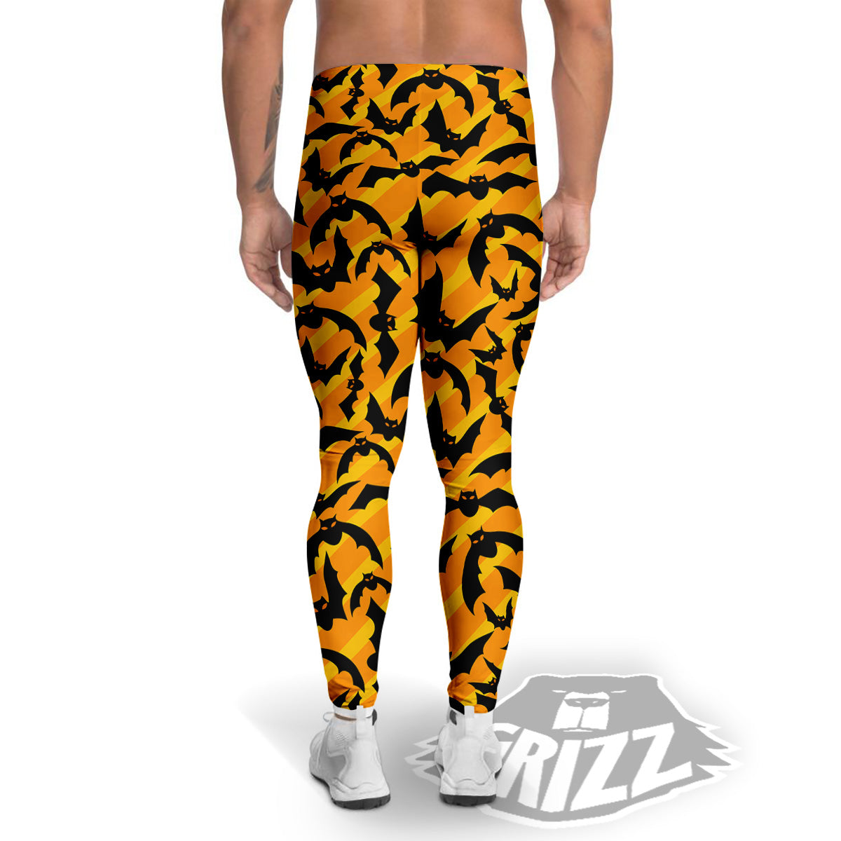 Black Bat And Orange Striped Print Pattern Men's Leggings-grizzshop