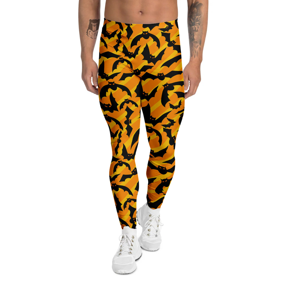 Black Bat And Orange Striped Print Pattern Men's Leggings-grizzshop