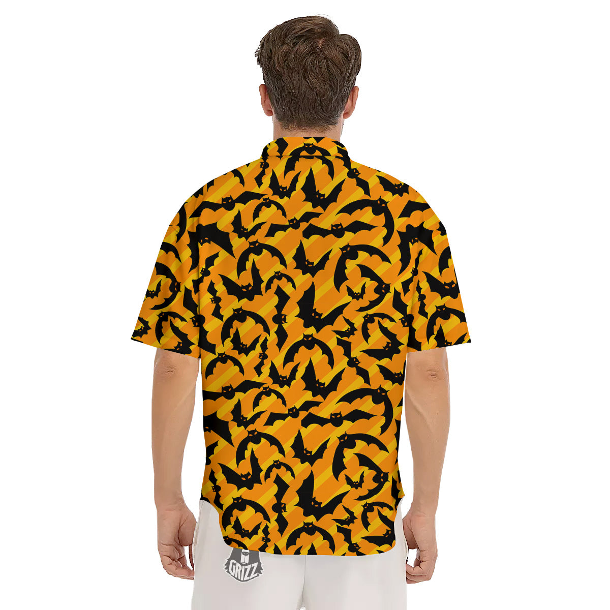 Black Bat And Orange Striped Print Pattern Men's Short Sleeve Shirts-grizzshop