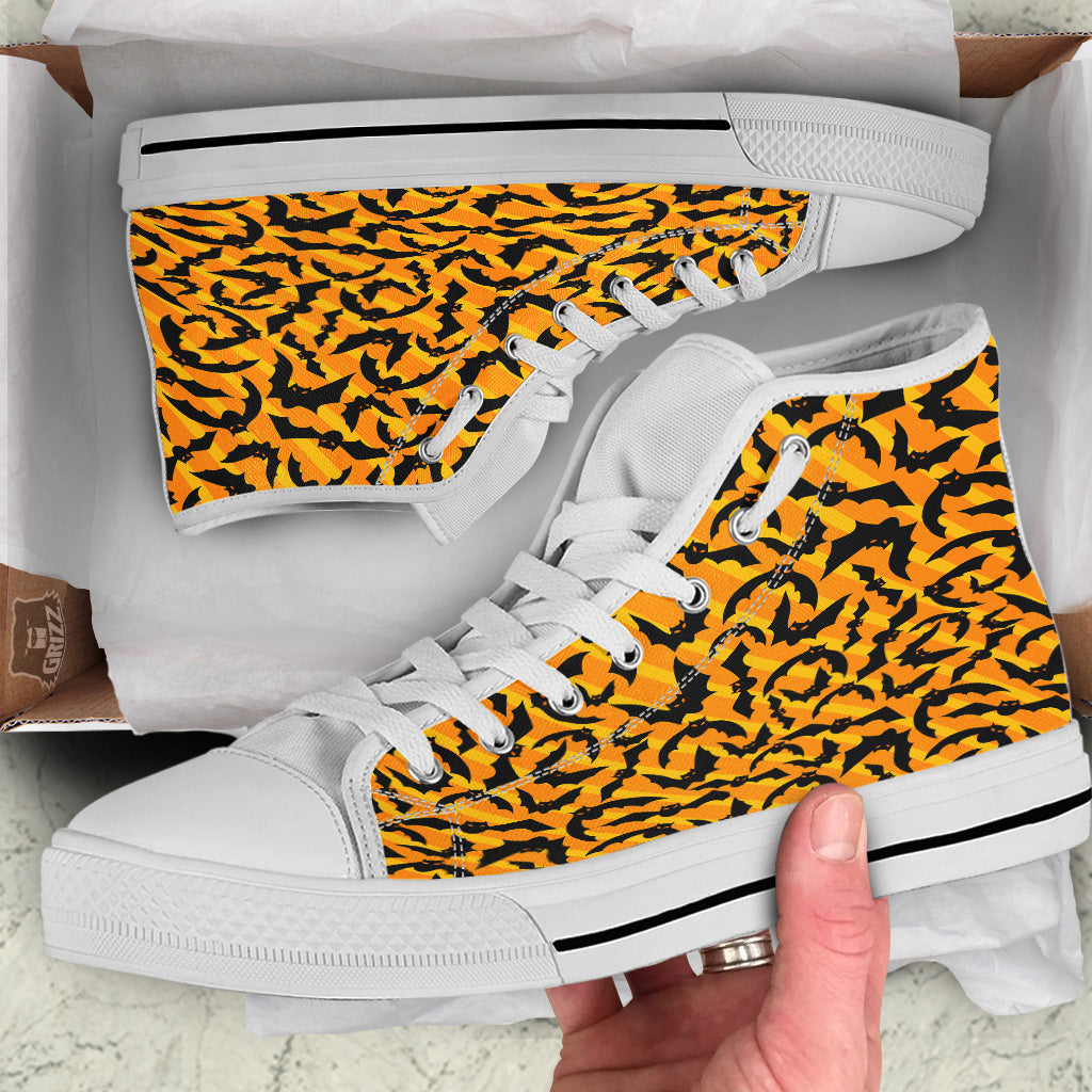Black Bat And Orange Striped Print Pattern White High Top Shoes-grizzshop