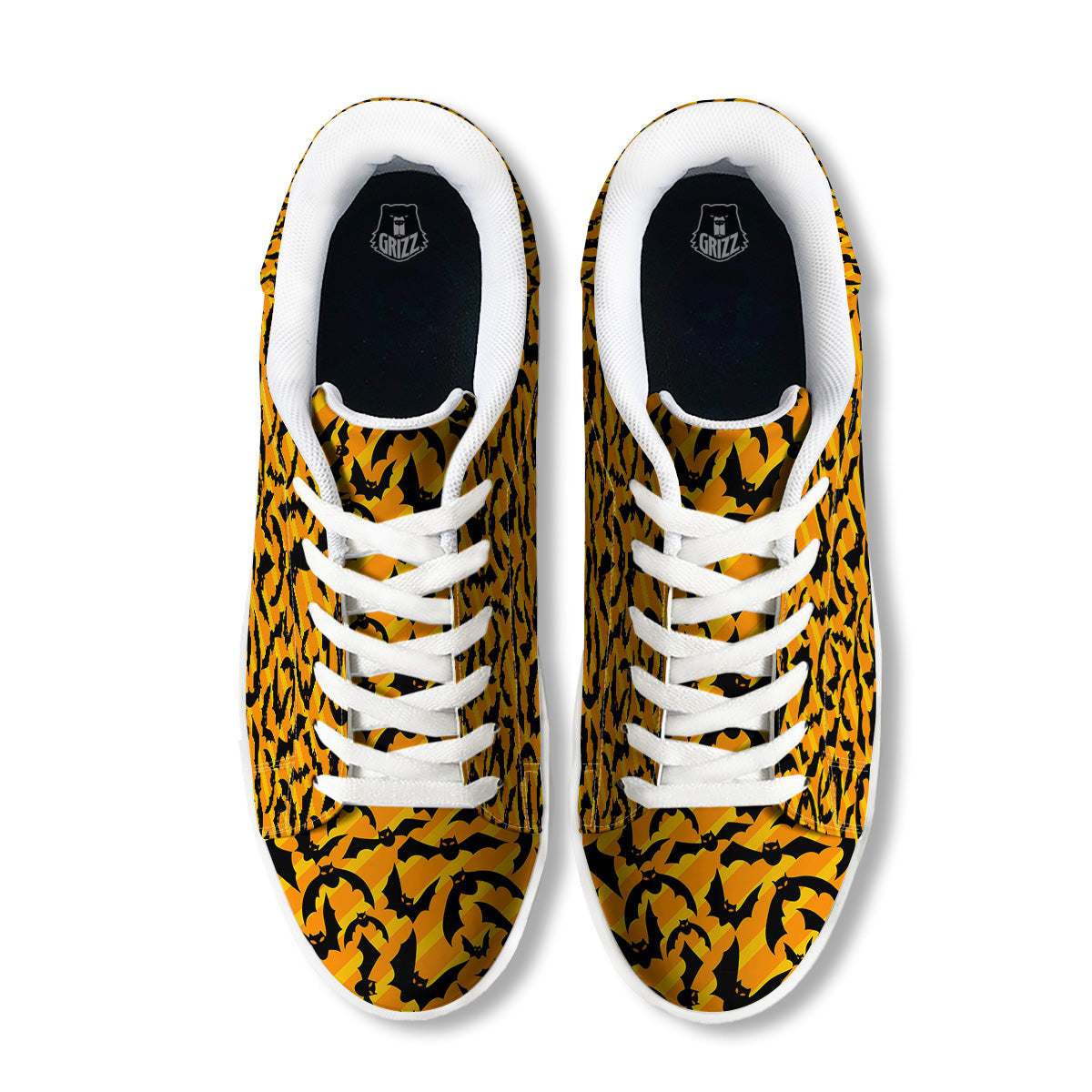 Black Bat And Orange Striped Print Pattern White Low Top Sneakers-grizzshop