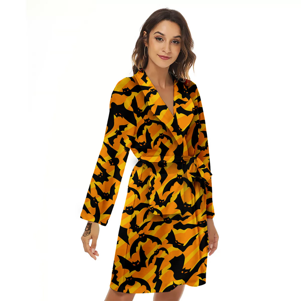 Black Bat And Orange Striped Print Pattern Women's Robe-grizzshop